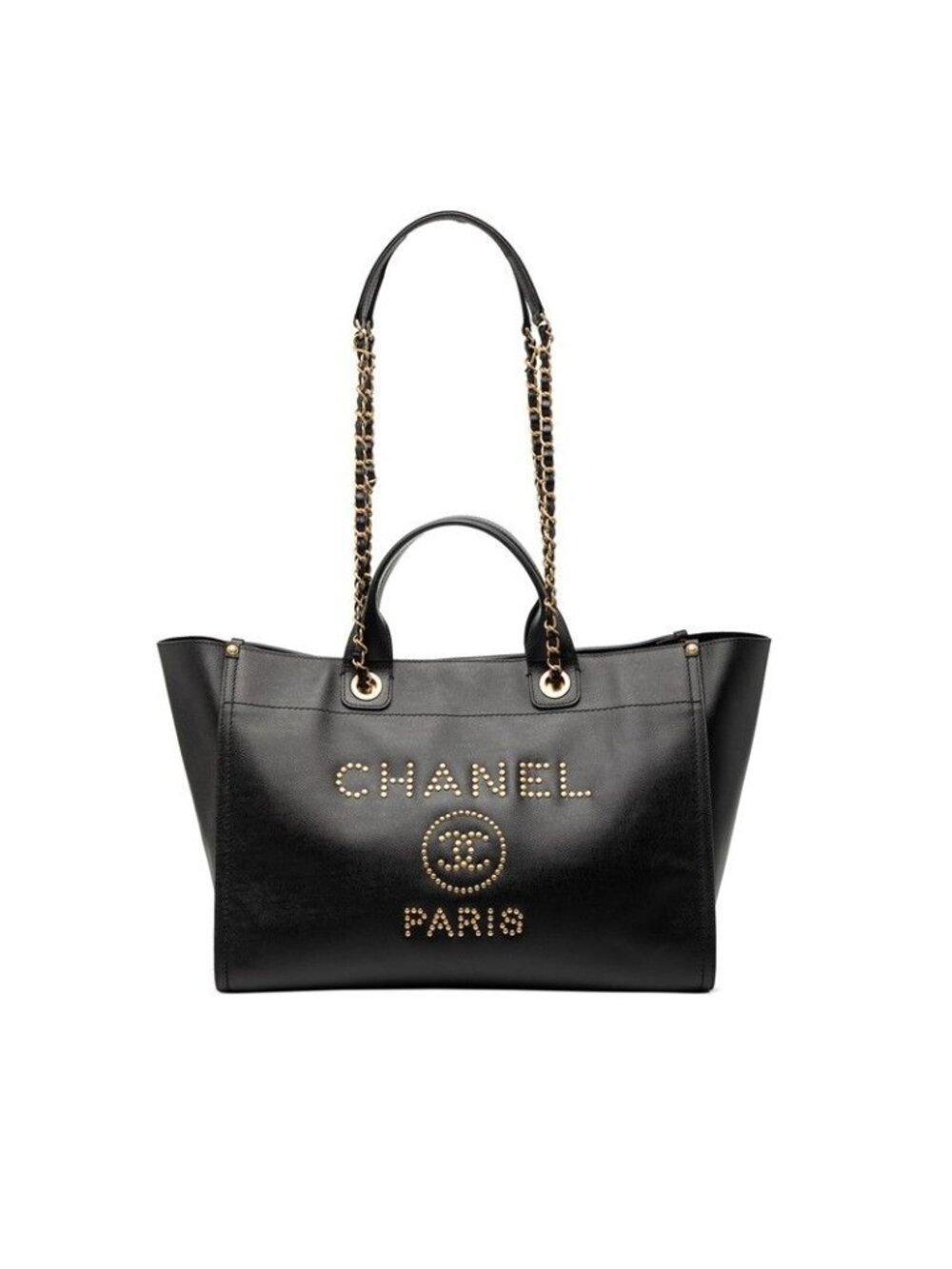 Chanel Deauville Logo Stud Tote Shoulder Bag 2-Way Black Caviar Leather